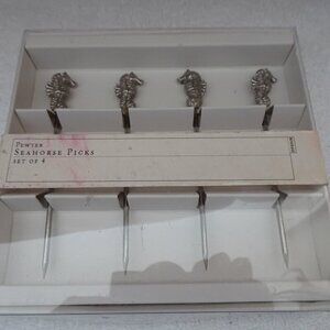 Set of 4 Pewter Party Picks Skewers Seahorse Snack Appetizer Hor D Oeuvre Cheese
